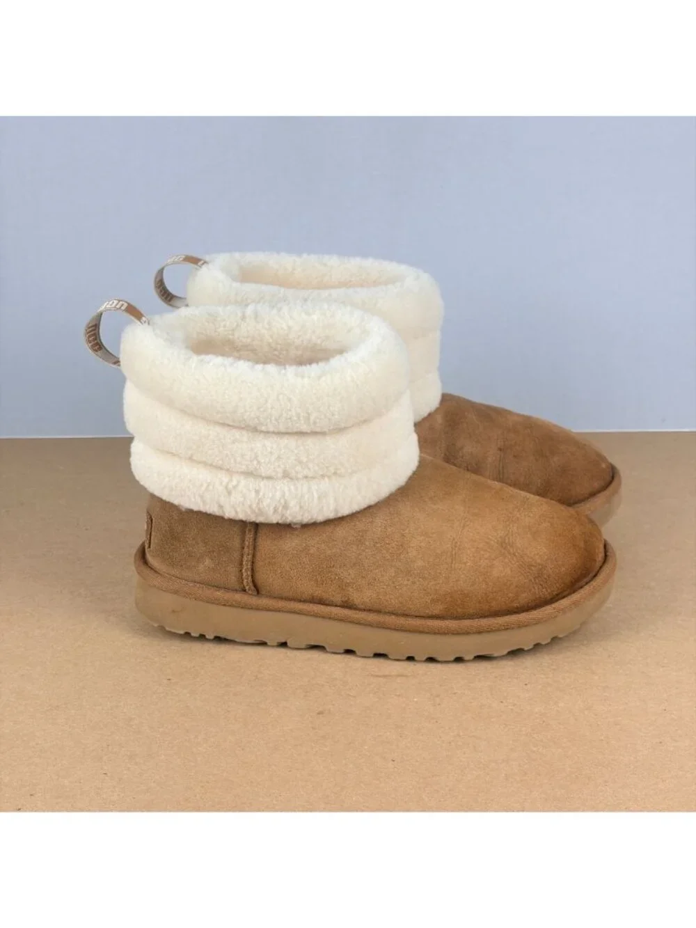 UGG Classic Mini Fluff Quilted Boot Womens 6 Tan Cream Pull On Casual